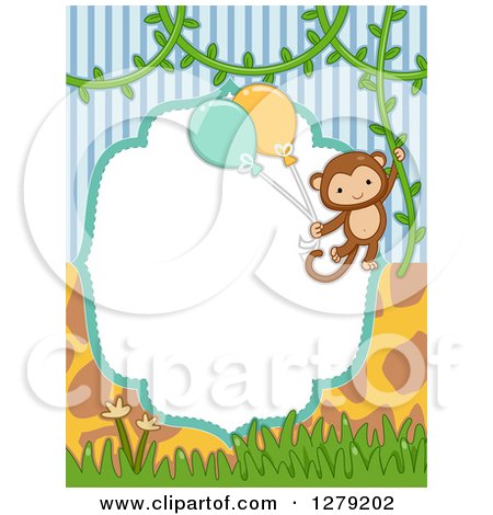 Clipart of a Blank Frame with Stripes, Giraffe Print and a Monkey Swinging with Party Balloons - Royalty Free Vector Illustration by BNP Design Studio