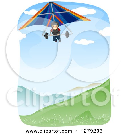 Clipart of a Happy Man Hang Gliding over a Valley - Royalty Free Vector Illustration by BNP Design Studio