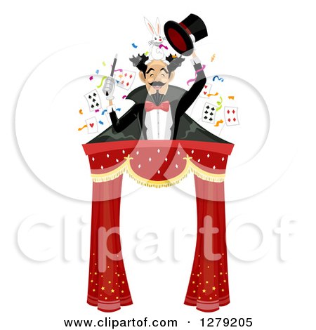 Clipart of a Male Magician Holding a Wand, Rabbit, and Top Hat over a Circus Tent Entrance - Royalty Free Vector Illustration by BNP Design Studio