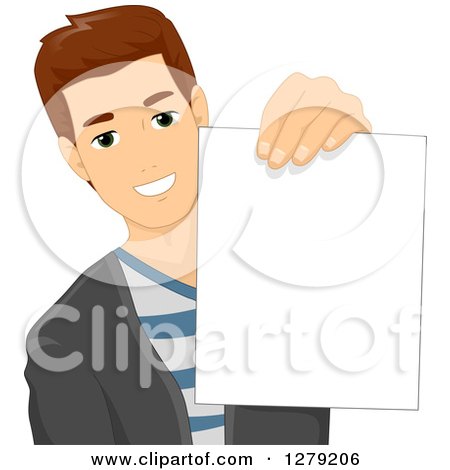 Clipart of a Happy Brunette Caucasian Man Holding out a Piece of Paper - Royalty Free Vector Illustration by BNP Design Studio