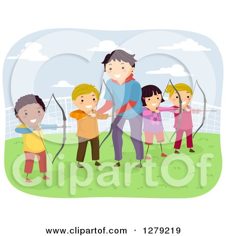 Clipart of a Male Instructor Giving Children Archery Lessons - Royalty Free Vector Illustration by BNP Design Studio
