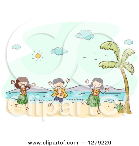 Clipart of Sketched Happy Stick Kids Hula Dancing on a Hawaiian Beach - Royalty Free Vector Illustration by BNP Design Studio