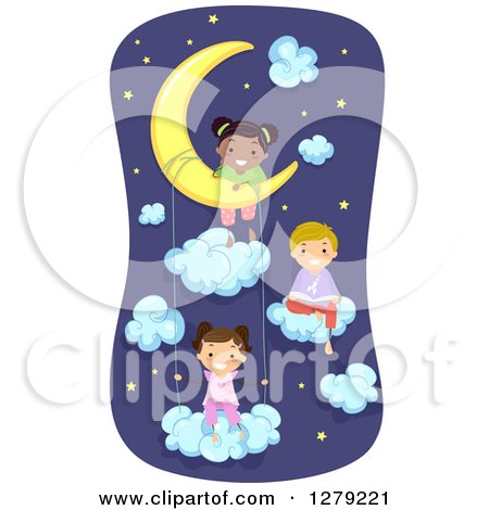 Clipart of Happy Stick Kids in Pjs, Sitting on the Moon and Clouds in a Night Sky - Royalty Free Vector Illustration by BNP Design Studio