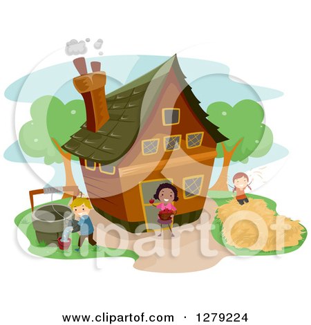Clipart of Happy Children Working at a Farm House - Royalty Free Vector Illustration by BNP Design Studio