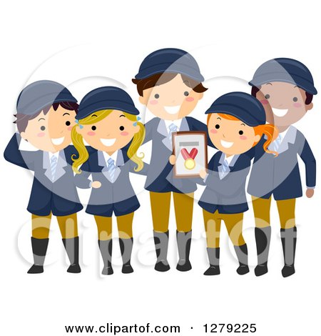 Clipart of a Happy Child Equestrian Team Holding a Medal - Royalty Free Vector Illustration by BNP Design Studio
