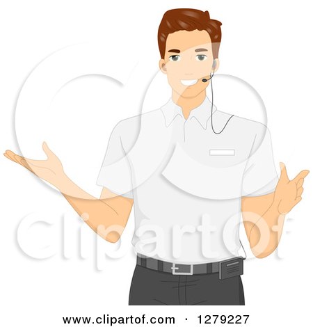 Clipart of a Friendly Brunette White Male Tour Guid Gesturing and Wearing a Headset - Royalty Free Vector Illustration by BNP Design Studio