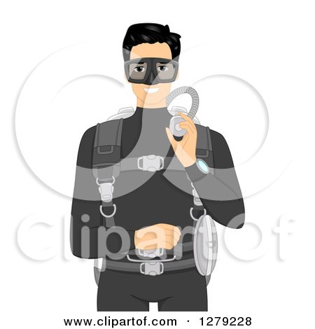 Clipart of a Young Asian Man in a Wet Suit and Scuba Gear - Royalty Free Vector Illustration by BNP Design Studio