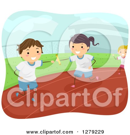 Clipart of a Stick Boy and Girl Passing a Baton in a Relay Race - Royalty Free Vector Illustration by BNP Design Studio