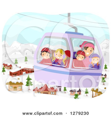 Clipart of a Woman and Happy Children Riding in a Cable Car over a Ski Village - Royalty Free Vector Illustration by BNP Design Studio