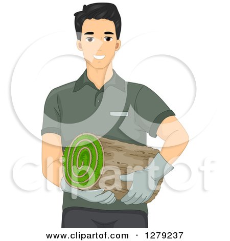 Clipart of a Handsome Young Asian Landscaper Man Carrying a Roll of Sod - Royalty Free Vector Illustration by BNP Design Studio