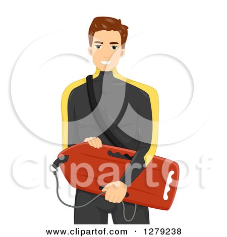 Clipart of a Brunette White Man in a Wetsuit, Carrying a Boogey Board - Royalty Free Vector Illustration by BNP Design Studio