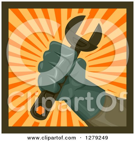 Clipart of a Worker's Hand Holding up a Wrench over a Burst of Rays - Royalty Free Vector Illustration by BNP Design Studio