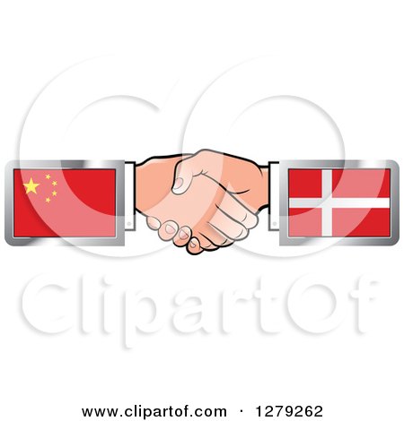 Clipart of Caucasian Hands Shaking with Chinese and Denmark Flags - Royalty Free Vector Illustration by Lal Perera