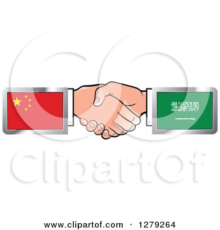 Clipart of Caucasian Hands Shaking with Chinese and Saudi Arabian Flags - Royalty Free Vector Illustration by Lal Perera