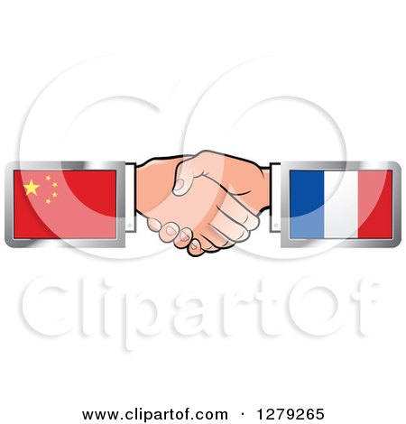 Clipart of Caucasian Hands Shaking with Chinese and French Flags - Royalty Free Vector Illustration by Lal Perera