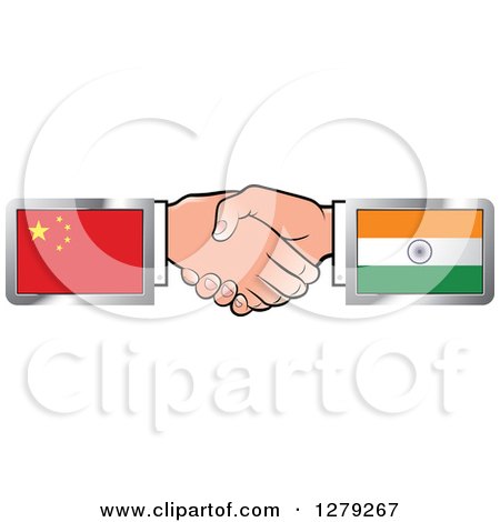 Clipart of Caucasian Hands Shaking with Chinese and Indian Flags - Royalty Free Vector Illustration by Lal Perera