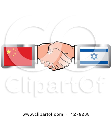 Clipart of Caucasian Hands Shaking with Chinese and Israeli Flags - Royalty Free Vector Illustration by Lal Perera