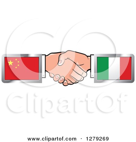 Clipart of Caucasian Hands Shaking with Chinese and Italian Flags - Royalty Free Vector Illustration by Lal Perera