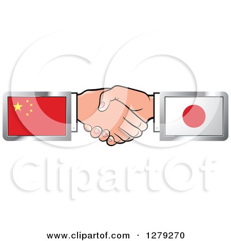 Clipart of Caucasian Hands Shaking with Chinese and Japanese Flags - Royalty Free Vector Illustration by Lal Perera