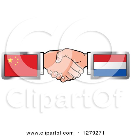 Clipart of Caucasian Hands Shaking with Chinese and Netherlands Flags - Royalty Free Vector Illustration by Lal Perera