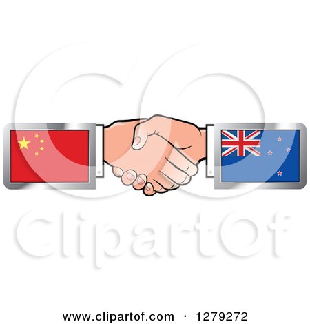 Clipart of Caucasian Hands Shaking with Chinese and New Zealand Flags - Royalty Free Vector Illustration by Lal Perera