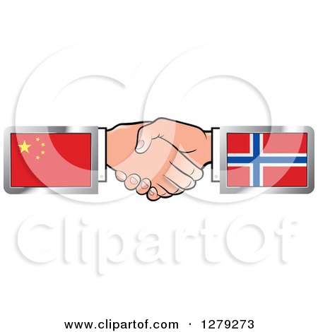 Clipart of Caucasian Hands Shaking with Chinese and Norwegian Flags - Royalty Free Vector Illustration by Lal Perera