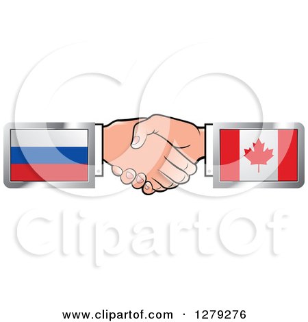 Clipart of Caucasian Hands Shaking with Russian and Canadian Flags - Royalty Free Vector Illustration by Lal Perera