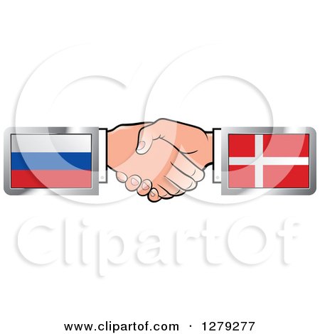 Clipart of Caucasian Hands Shaking with Russian and Denmark Flags - Royalty Free Vector Illustration by Lal Perera
