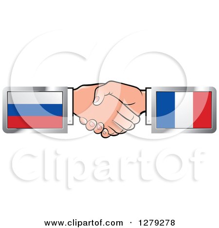 Clipart of Caucasian Hands Shaking with Russian and French Flags - Royalty Free Vector Illustration by Lal Perera