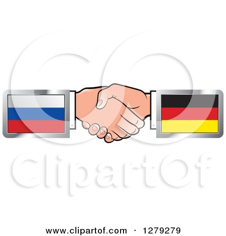 Clipart of Caucasian Hands Shaking with Russian and German Flags - Royalty Free Vector Illustration by Lal Perera