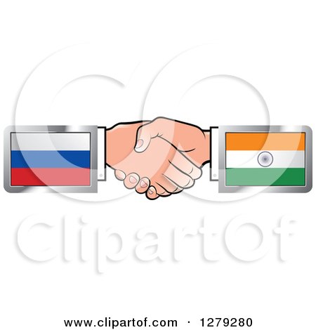 Clipart of Caucasian Hands Shaking with Russian and Indian Flags - Royalty Free Vector Illustration by Lal Perera