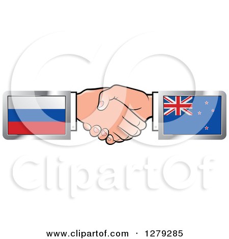 Clipart of Caucasian Hands Shaking with Russian and New Zealand Flags - Royalty Free Vector Illustration by Lal Perera