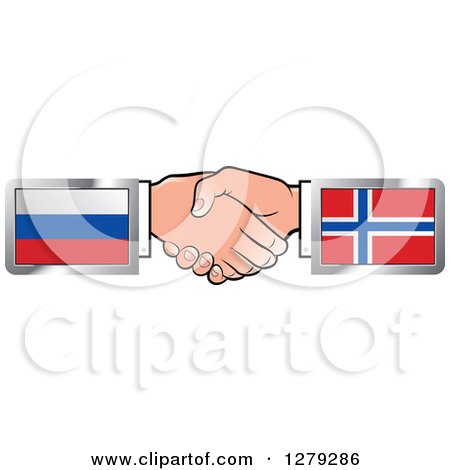 Clipart of Caucasian Hands Shaking with Russian and Norway Flags - Royalty Free Vector Illustration by Lal Perera