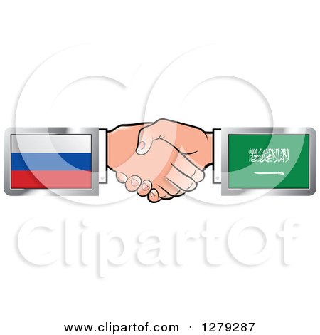 Clipart of Caucasian Hands Shaking with Russian and Saudi Arabia Flags - Royalty Free Vector Illustration by Lal Perera