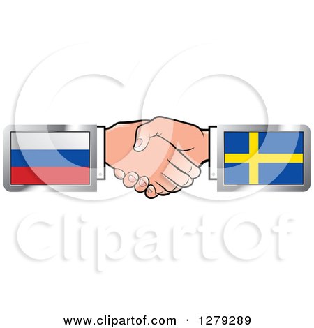 Clipart of Caucasian Hands Shaking with Russian and Sweden Flags - Royalty Free Vector Illustration by Lal Perera