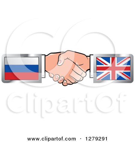 Clipart of Caucasian Hands Shaking with Russian and UK Flags - Royalty Free Vector Illustration by Lal Perera