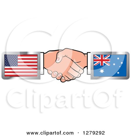 Clipart of Caucasian Hands Shaking with American and Australian Flags - Royalty Free Vector Illustration by Lal Perera