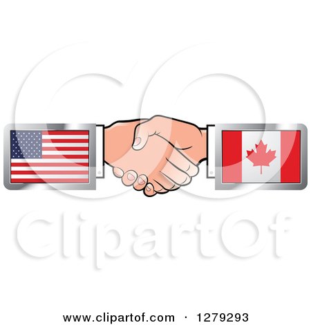 Clipart of Caucasian Hands Shaking with American and Canadian Flags - Royalty Free Vector Illustration by Lal Perera