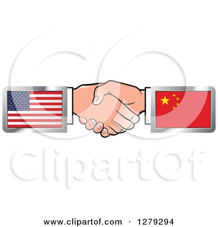 Clipart of Caucasian Hands Shaking with American and Chinese Flags - Royalty Free Vector Illustration by Lal Perera