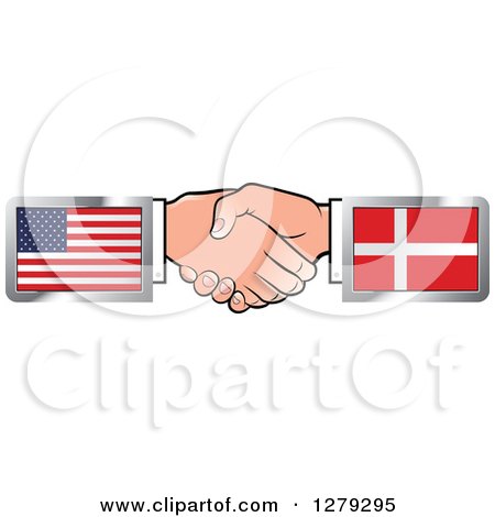 Clipart of Caucasian Hands Shaking with American and Denmark Flags - Royalty Free Vector Illustration by Lal Perera