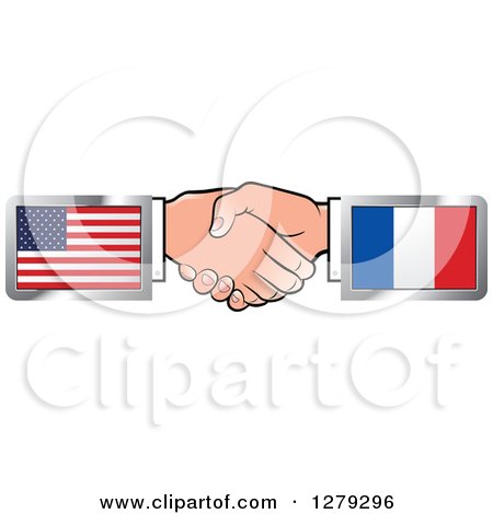 Clipart of Caucasian Hands Shaking with American and French Flags - Royalty Free Vector Illustration by Lal Perera