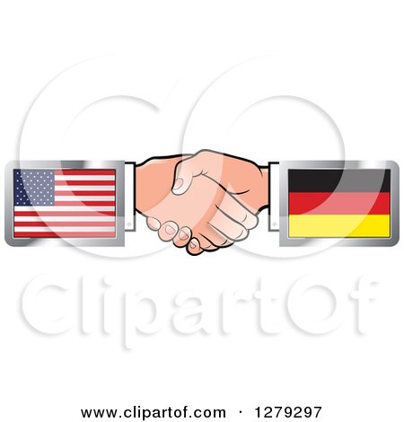 Clipart of Caucasian Hands Shaking with American and German Flags - Royalty Free Vector Illustration by Lal Perera