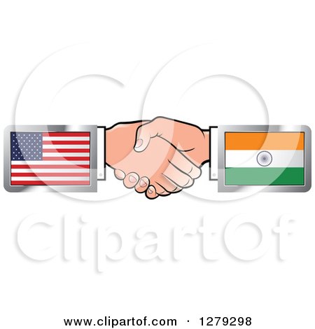 Clipart of Caucasian Hands Shaking with American and Indian Flags - Royalty Free Vector Illustration by Lal Perera