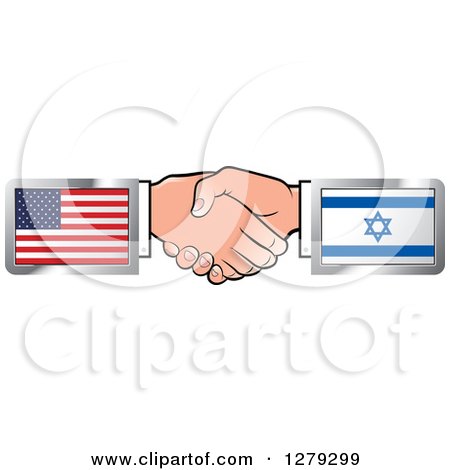Clipart of Caucasian Hands Shaking with American and Israel Flags - Royalty Free Vector Illustration by Lal Perera