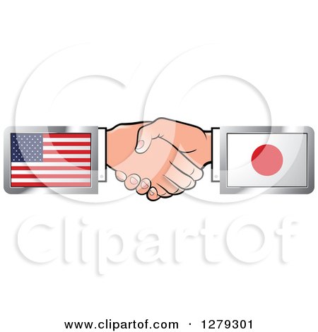 Clipart of Caucasian Hands Shaking with American and Japanese Flags - Royalty Free Vector Illustration by Lal Perera