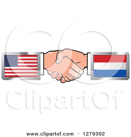 Clipart of Caucasian Hands Shaking with American and Netherlands Flags - Royalty Free Vector Illustration by Lal Perera