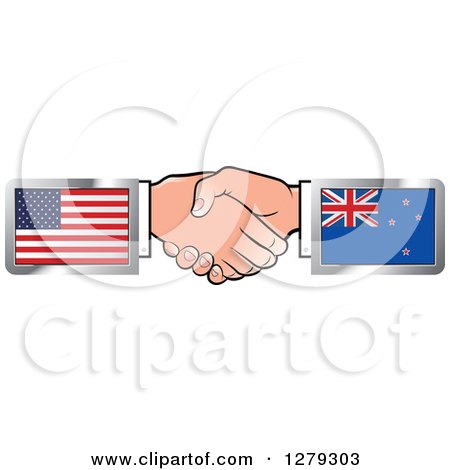 Clipart of Caucasian Hands Shaking with American and New Zealand Flags - Royalty Free Vector Illustration by Lal Perera