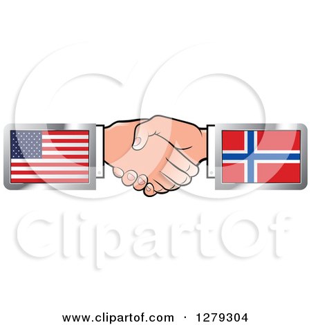 Clipart of Caucasian Hands Shaking with American and Norway Flags - Royalty Free Vector Illustration by Lal Perera
