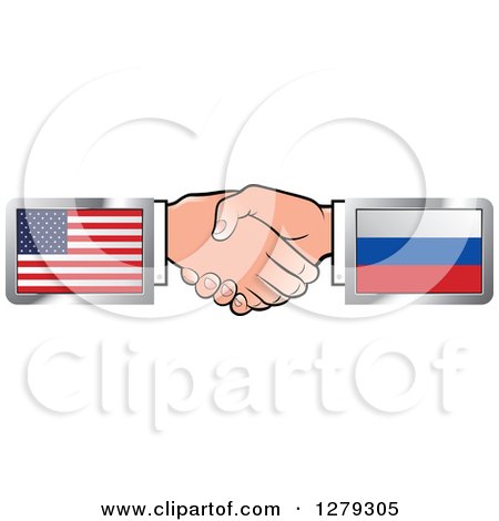 Clipart of Caucasian Hands Shaking with American and Russian Flags - Royalty Free Vector Illustration by Lal Perera