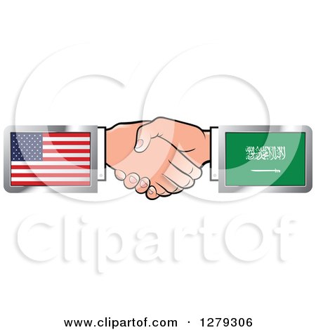 Clipart of Caucasian Hands Shaking with American and Saudi Arabia Flags - Royalty Free Vector Illustration by Lal Perera
